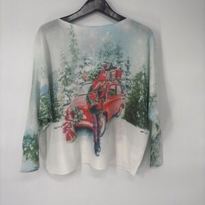 Yolly Italy‎ Red Truck Christmas Sweater Women White Open Knit Holiday Top NEW